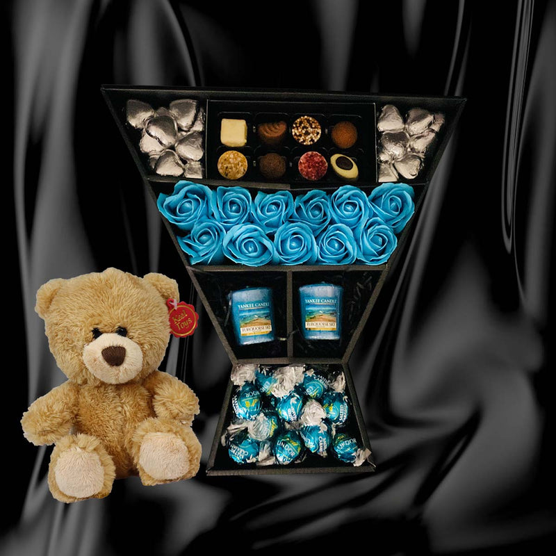 HamperWell Lindt Lindor & Yankee Candle Signature Chocolate Bouquet With Blue Roses bundle with teddy