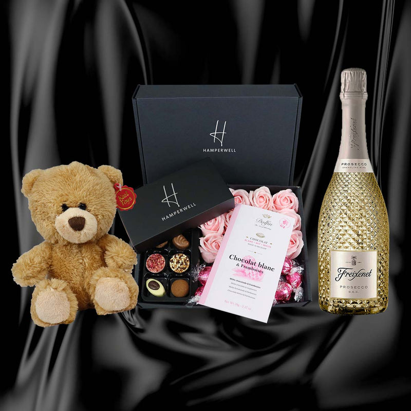 Dolfin Chocolate Ultimate Gift Hamper With Pink Roses bundle with teddy and prosecco