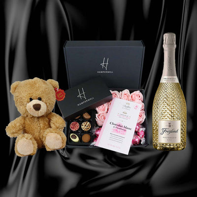 Dolfin Chocolate Ultimate Gift Hamper With Pink Roses hamper with teddy and prosecco