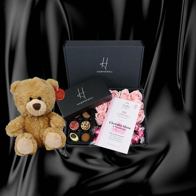 Dolfin Chocolate Ultimate Gift Hamper With Pink Roses hamper with teddy