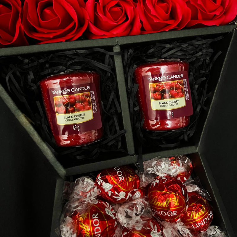 Two official Yankee Candle votives Black Cherry Lindt Lindor & Yankee Candle Signature Chocolate Bouquet With Red Roses
