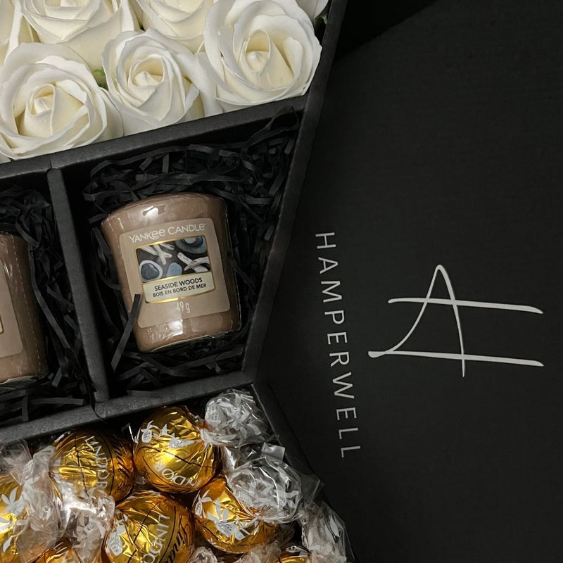 Yankee Candle Ultimate Gift Hamper With Ivory Roses sneak peak of yankee candle votive candles lindt lindor chocolate and stunning roses