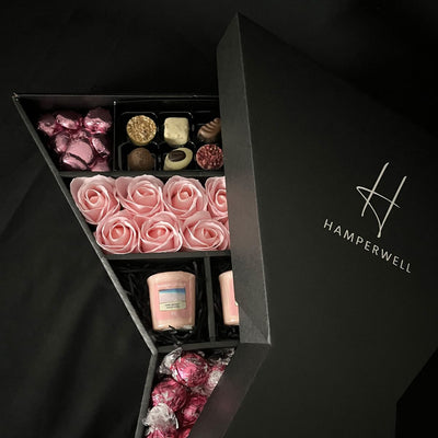Sneak peak inside the HamperWell Lindt Lindor & Yankee Candle Signature Chocolate Bouquet With Pink Roses with stunning box
