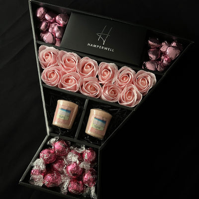 HamperWell Lindt Lindor & Yankee Candle Signature Chocolate Bouquet With Pink Roses with stunning exclusive packaging