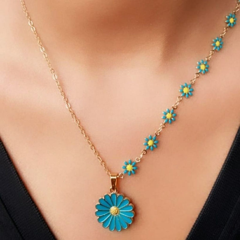 Half Turquoise Flower Charms Choker Summer Indie Boho Daisy Floral Necklace