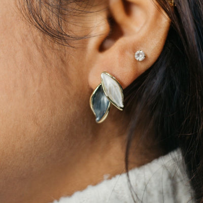 Summer Elegant Grey White Leaf Oil Drop Dangle Stud Marble White Earrings