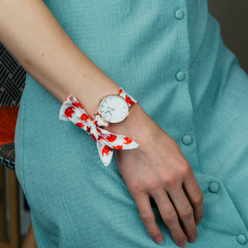 Elephant Print Changeable Fabric Cotton Tie Knot Strap Geneva Women Wristwatch
