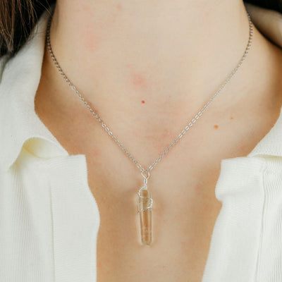 Rose Quartz Crystal Point Pillar Pencil Wire Wrapped Natural Stone Necklace