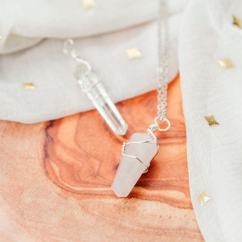 Rose Quartz Crystal Point Pillar Pencil Wire Wrapped Natural Stone Necklace
