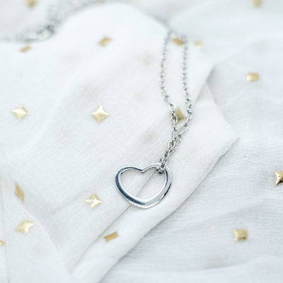 Open Small Hollow Heart Minimalist Dainty Silver Pendant Necklace