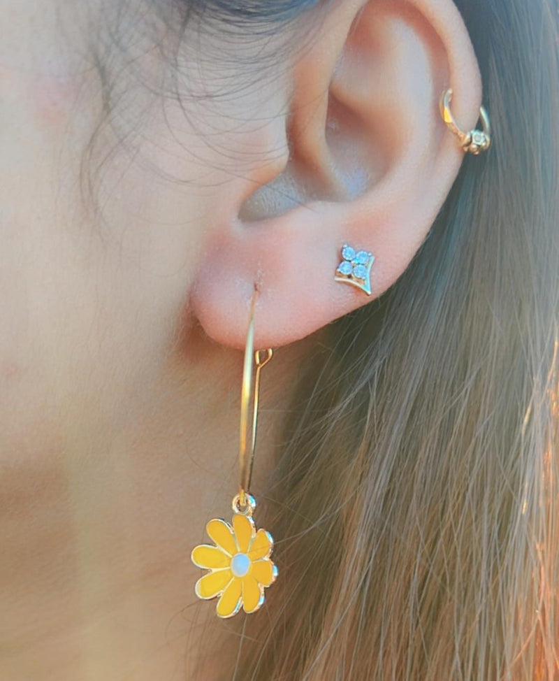 Yellow Sunflower Charm Floral Dainty Dangle Colourful Boho Hoop Earring