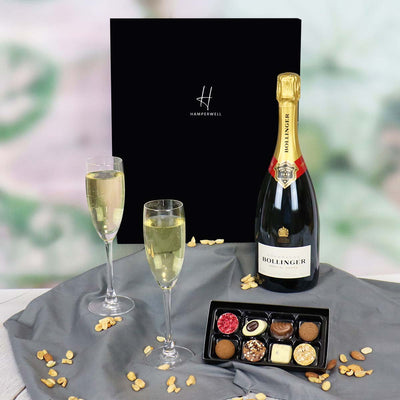The Bollinger Champagne Gift Hamper With 2 Flute Glasses & Chocolate Truffles