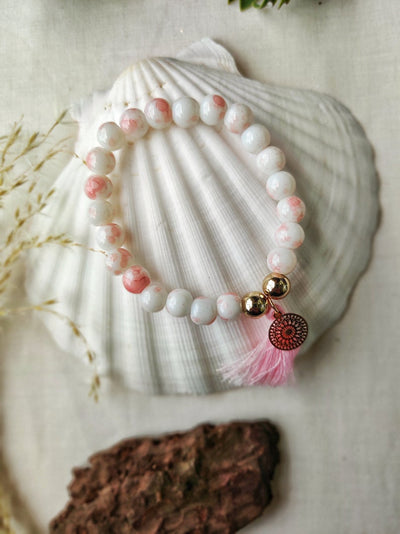White Tender Pink Good Luck Charm Tassel Natural Boho Yoga Bracelet