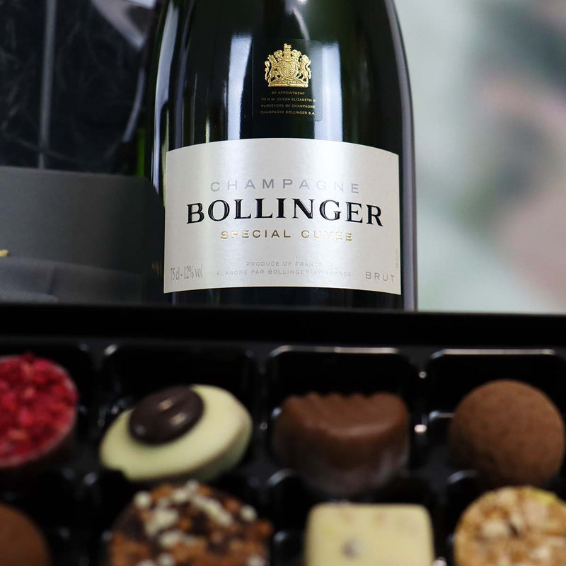 The Bollinger Champagne Gift Hamper With 2 Flute Glasses And Chocolate Truffles