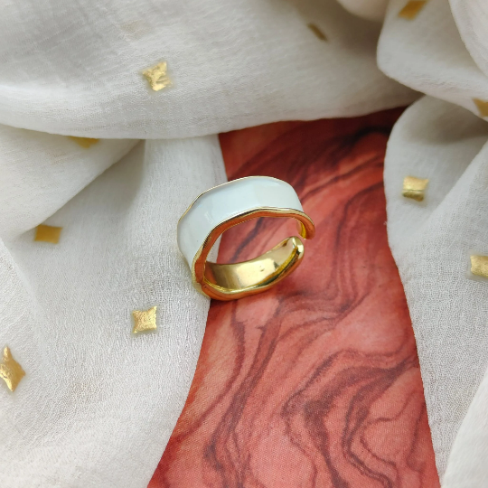 Adjustable Wide Gold Band Chunky White Enamel Cuff Ring